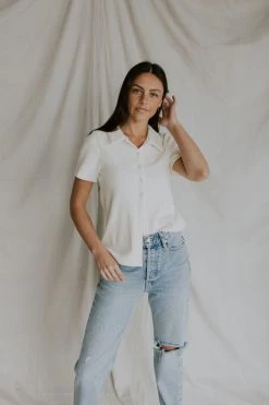 Henly Damon Ribbed Button Up In Cream Tops