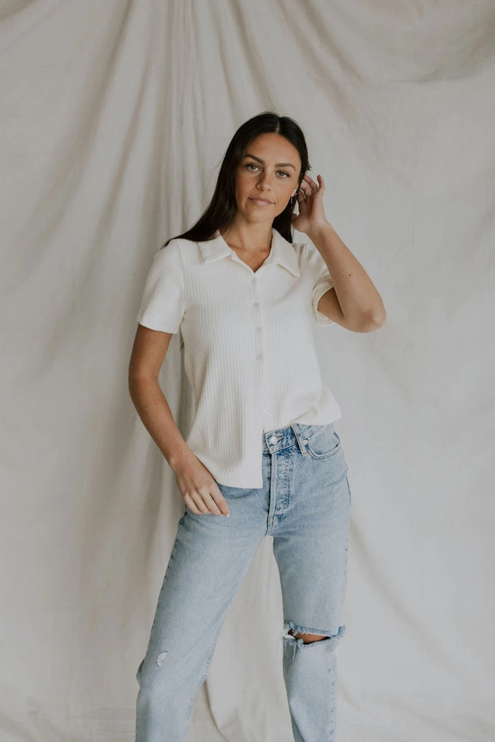 Henly Damon Ribbed Button Up In Cream Tops