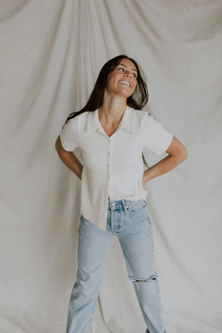 Henly Damon Ribbed Button Up In Cream Tops