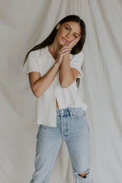 Henly Damon Ribbed Button Up In Cream Tops