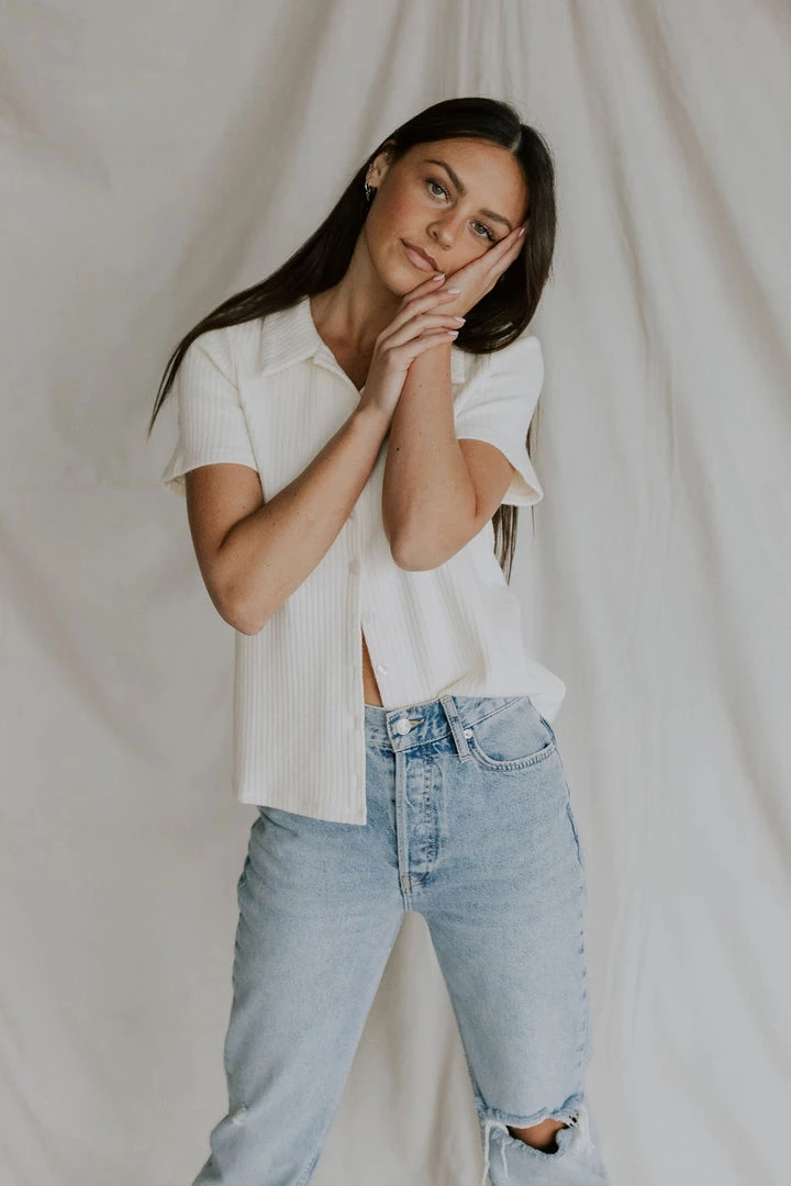 Henly Damon Ribbed Button Up In Cream Tops