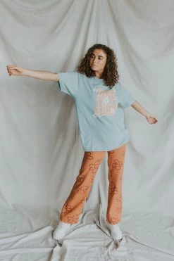 Henly Drive Me Daisy Denim Pants In Deep Peach