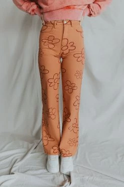 Henly Drive Me Daisy Denim Pants In Deep Peach