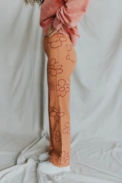 Henly Drive Me Daisy Denim Pants In Deep Peach