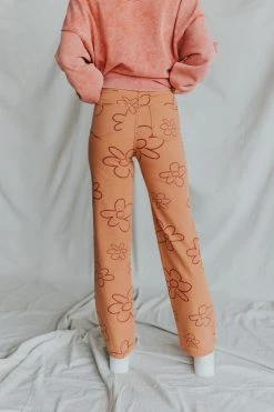 Henly Drive Me Daisy Denim Pants In Deep Peach