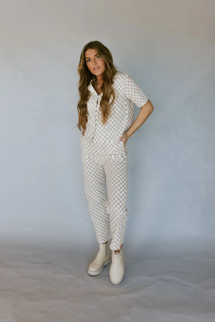 Henly All Checked Out Linen Blouse In Oatmeal Tops