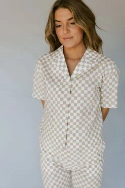 Henly All Checked Out Linen Blouse In Oatmeal Tops
