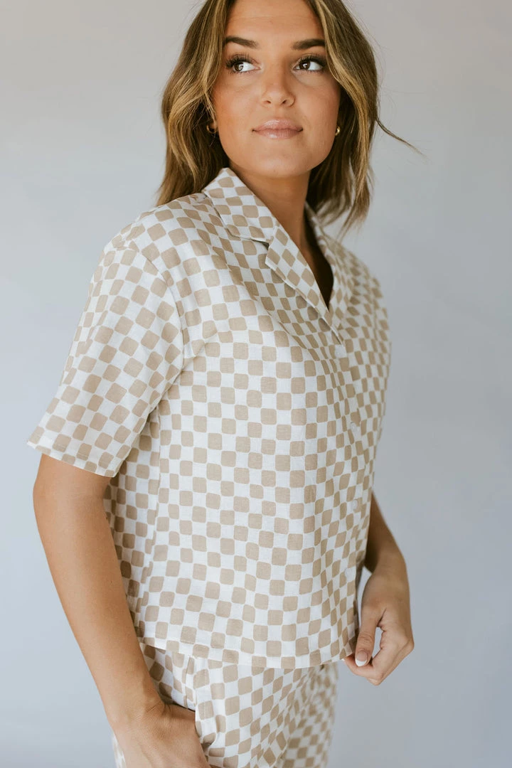 Henly All Checked Out Linen Blouse In Oatmeal Tops