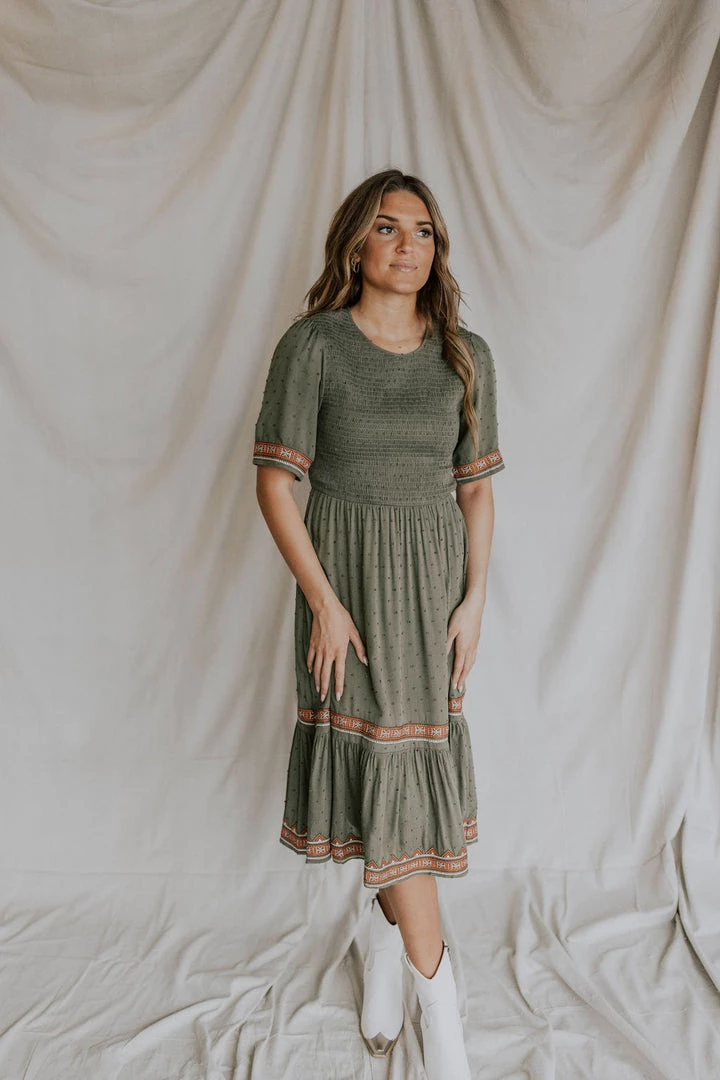 Henly Roma Embroidered Midi In Olive