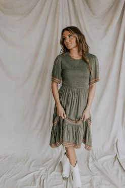 Henly Roma Embroidered Midi In Olive