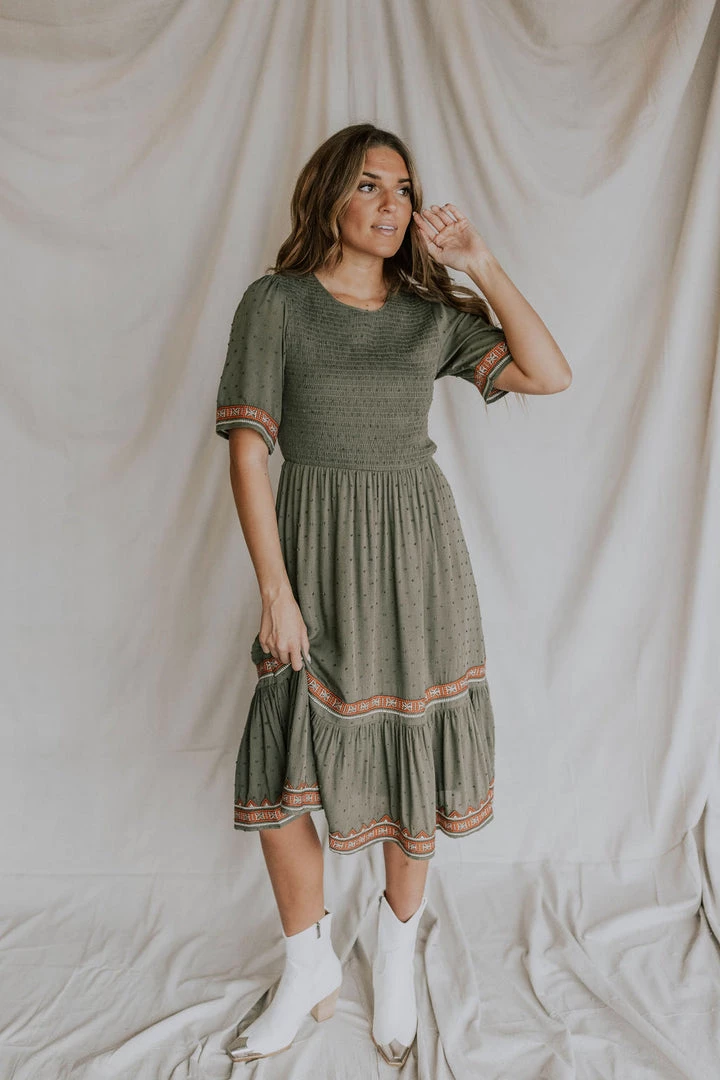 Henly Roma Embroidered Midi In Olive