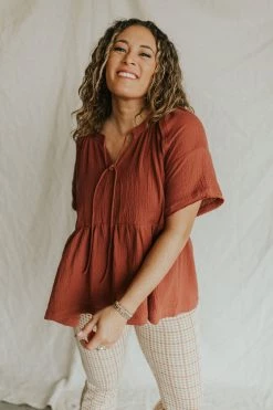 Henly Tied Up Gauze Peplum In Canyon Clay