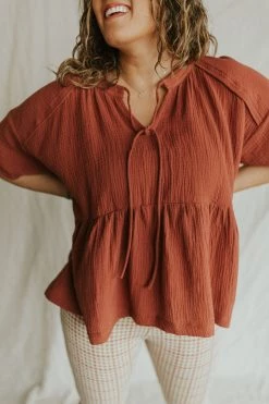 Henly Tied Up Gauze Peplum In Canyon Clay