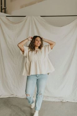 Henly Tied Up Gauze Peplum In Natural Tops