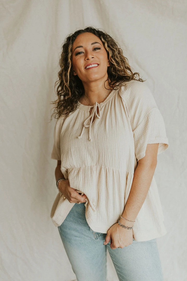 Henly Tied Up Gauze Peplum In Natural Tops