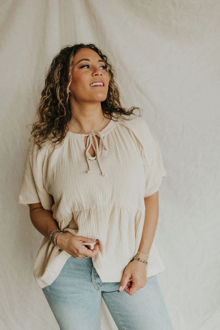 Henly Tied Up Gauze Peplum In Natural Tops