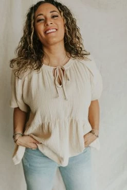 Henly Tied Up Gauze Peplum In Natural Tops