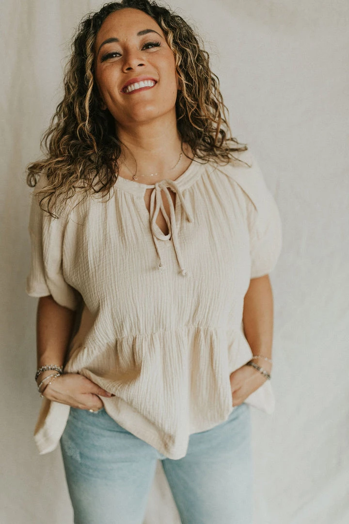 Henly Tied Up Gauze Peplum In Natural Tops