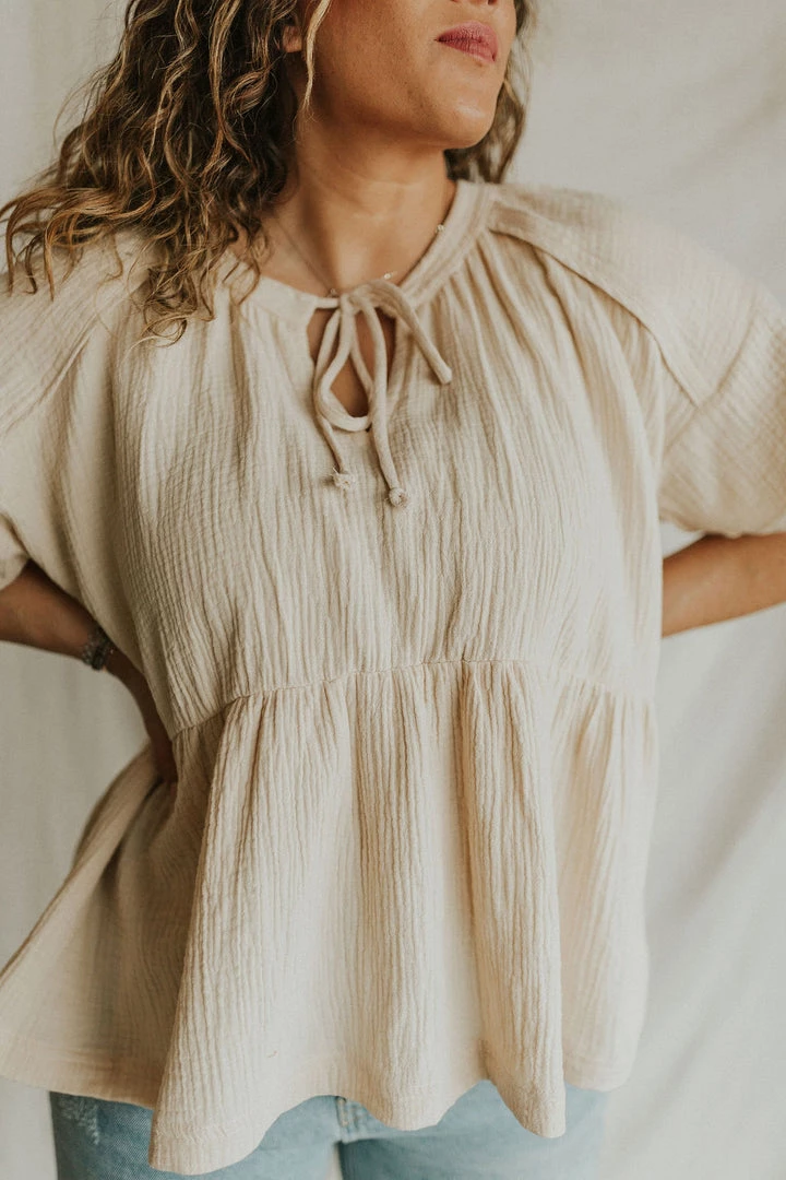 Henly Tied Up Gauze Peplum In Natural Tops