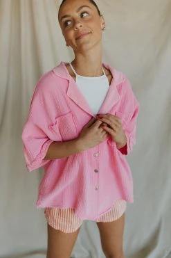 Henly Block Party Gauze Top In Bubblegum