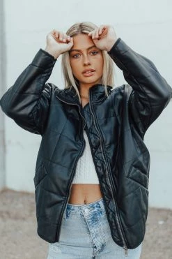 Henly Free People Dolman Quilted Vegan Leather Jacket In Black Jackets/Shackets/Blazers