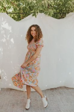 Henly Lucky Me Floral Midi In Dusty Blue NEW ARRIVALS