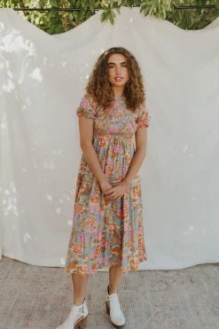 Henly Lucky Me Floral Midi In Dusty Blue NEW ARRIVALS