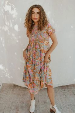 Henly Lucky Me Floral Midi In Dusty Blue NEW ARRIVALS