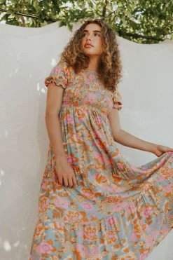 Henly Lucky Me Floral Midi In Dusty Blue NEW ARRIVALS