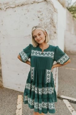 Henly Isla Embroidered Dress In Emerald