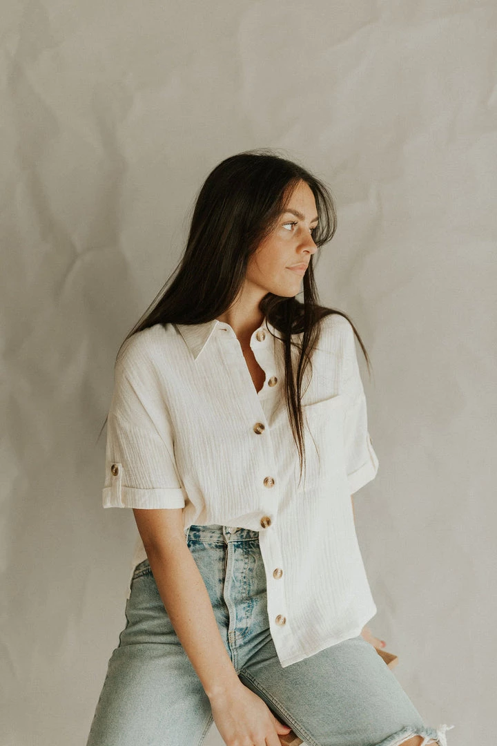 Henly Tops Destin Gauze Button Down In Ivory