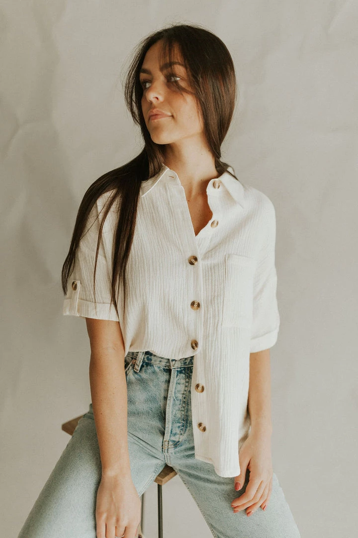 Henly Tops Destin Gauze Button Down In Ivory