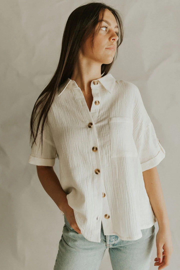 Henly Tops Destin Gauze Button Down In Ivory
