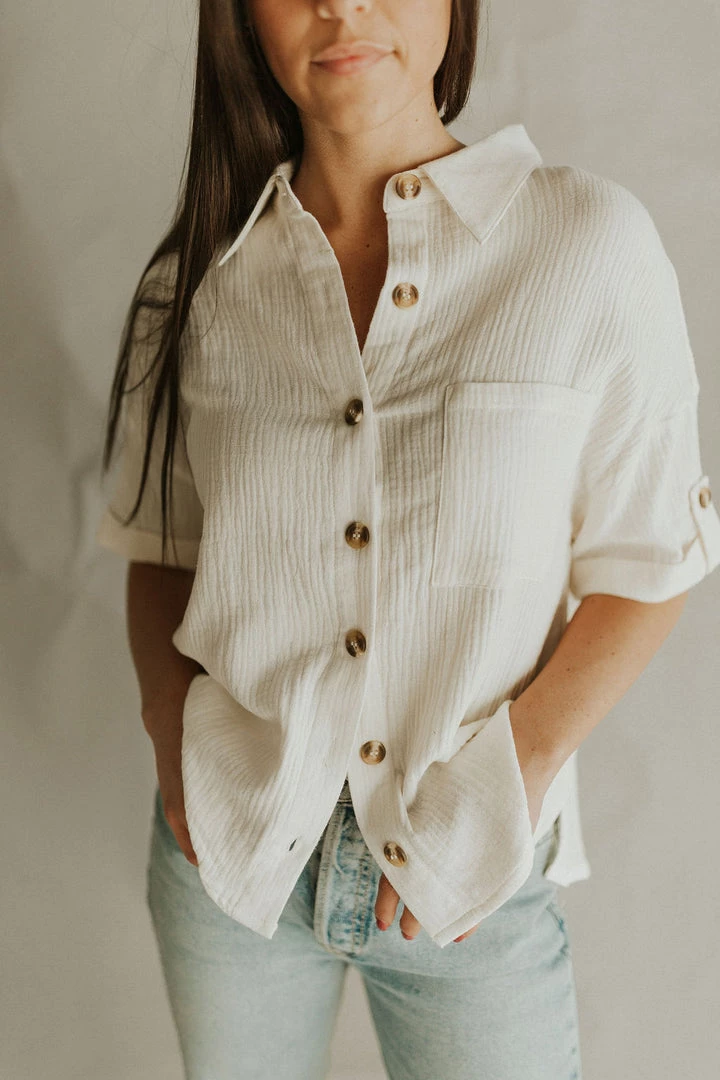 Henly Tops Destin Gauze Button Down In Ivory