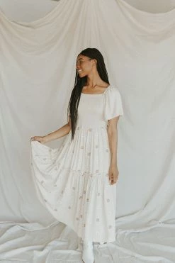 Henly Dresses Forget Me Not Embroidered Maxi In Cream