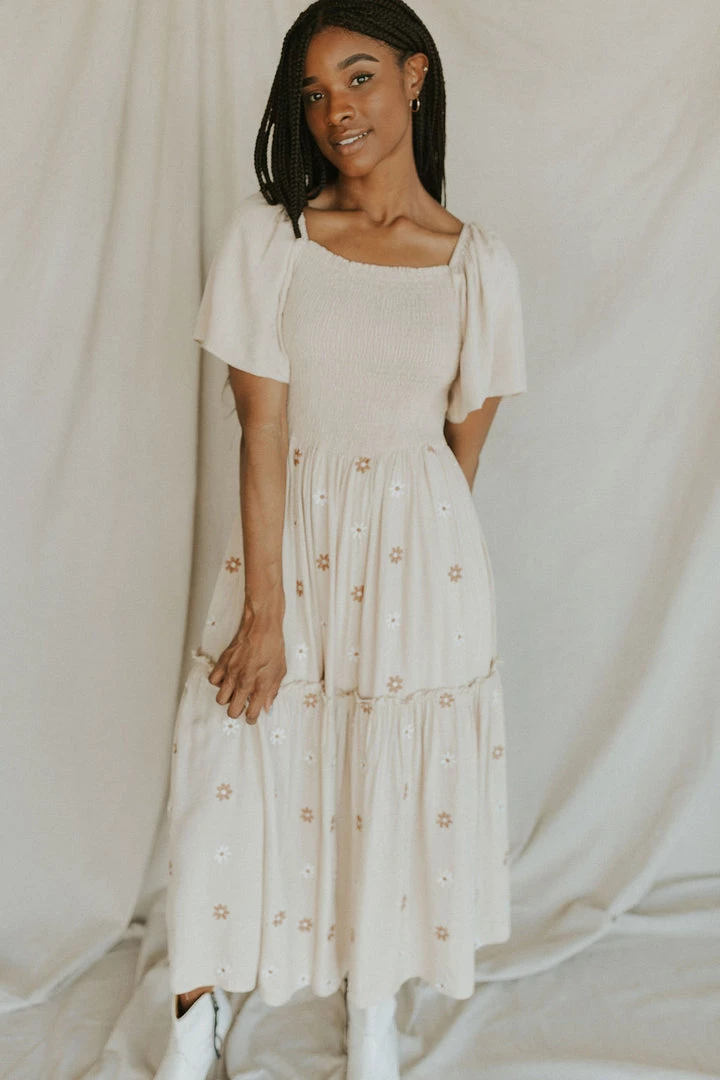 Henly Dresses Forget Me Not Embroidered Maxi In Cream