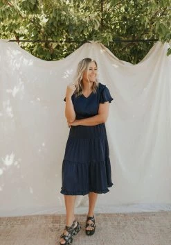 Henly Dresses Moonlight Satin Midi In Navy