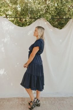 Henly Dresses Moonlight Satin Midi In Navy