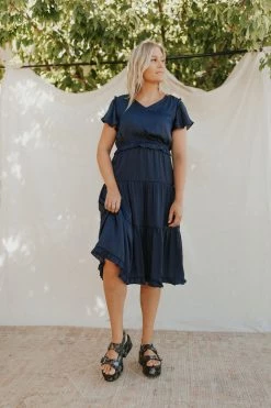 Henly Dresses Moonlight Satin Midi In Navy