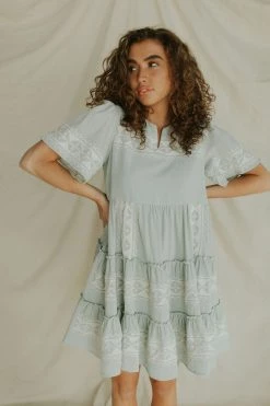 Henly Dresses Isla Embroidered Midi In Dusty Blue