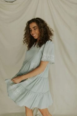 Henly Dresses Isla Embroidered Midi In Dusty Blue