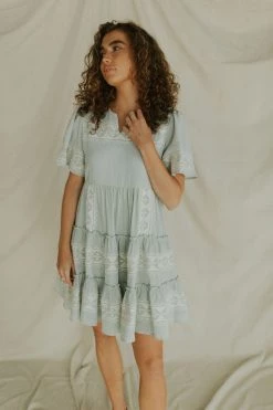 Henly Dresses Isla Embroidered Midi In Dusty Blue