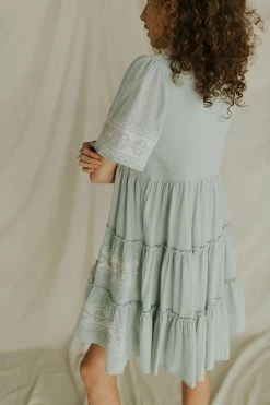 Henly Dresses Isla Embroidered Midi In Dusty Blue