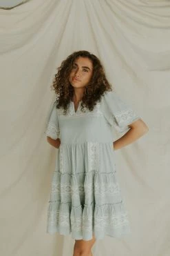 Henly Dresses Isla Embroidered Midi In Dusty Blue