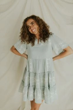 Henly Dresses Isla Embroidered Midi In Dusty Blue