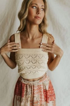 Henly Tops Sara Eyelet Sweater Knit Crop In Buttercream