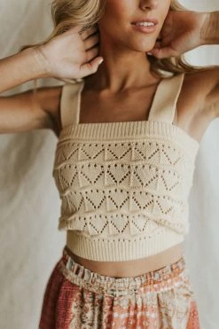 Henly Tops Sara Eyelet Sweater Knit Crop In Buttercream