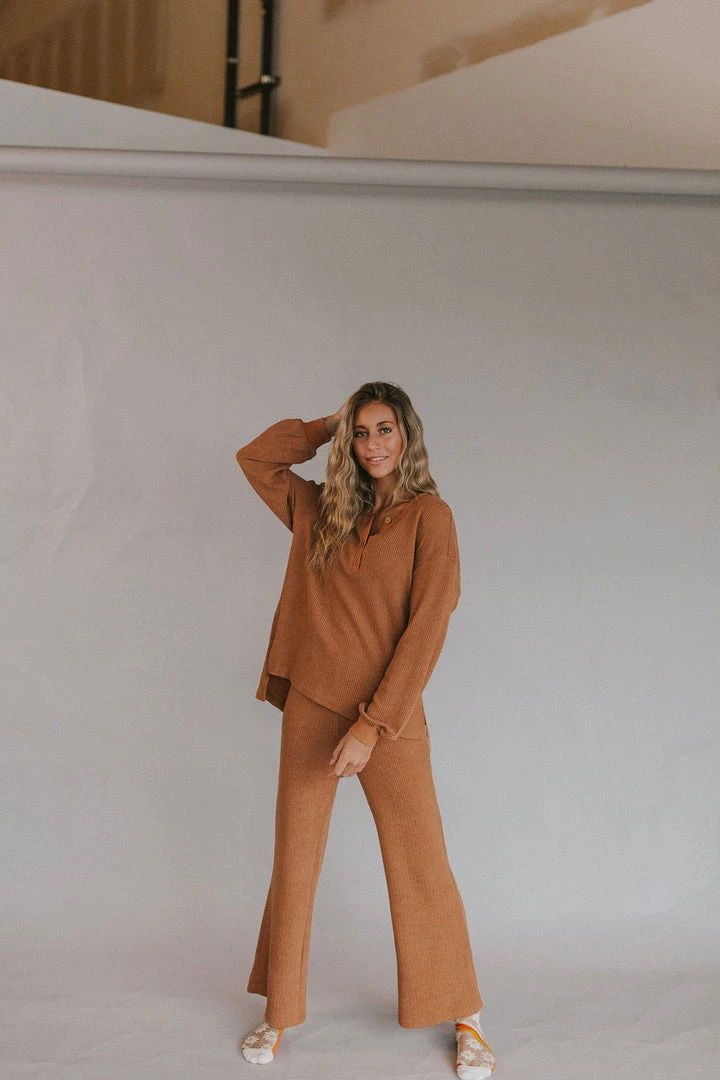 Henly Lennox Waffle Henley Set In Butterscotch