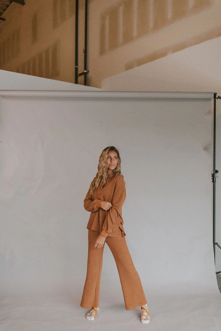 Henly Lennox Waffle Henley Set In Butterscotch