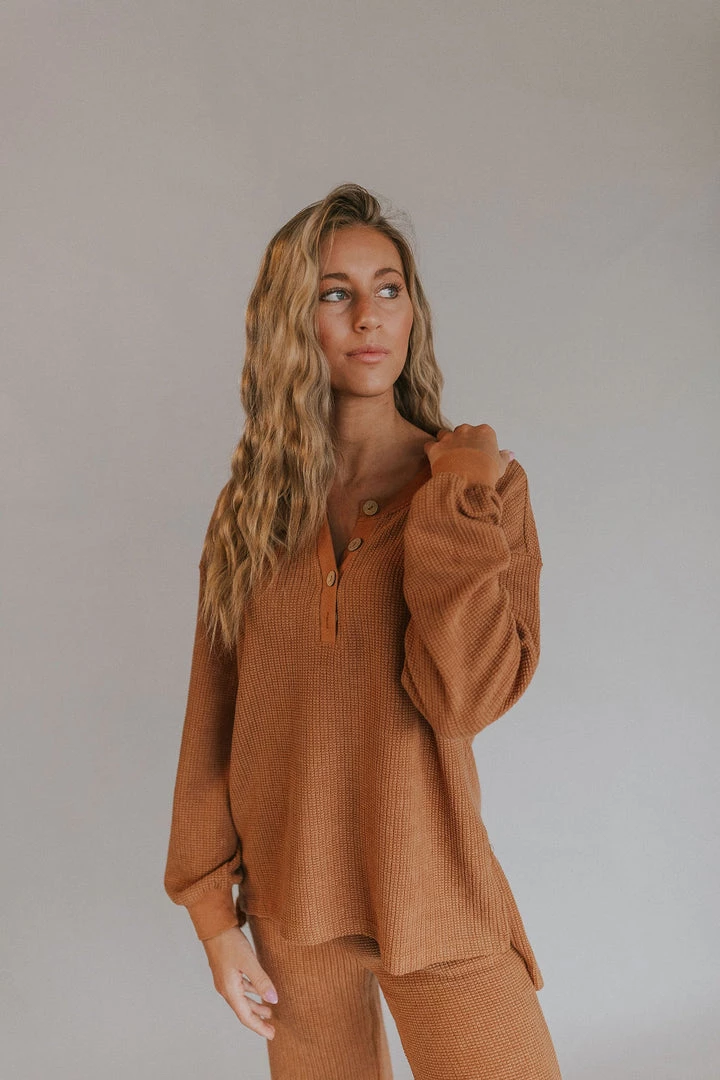 Henly Lennox Waffle Henley Set In Butterscotch